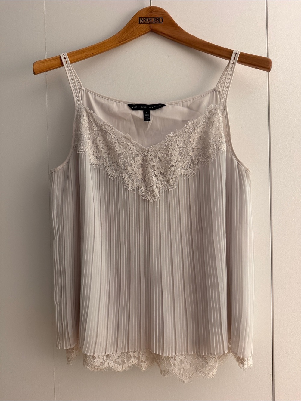 White House Black Market Ivory Pleated Lace-Trim Cami